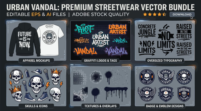 Urban vandal premium streetwear vector bundle with apparel mockups, graffiti logos, and skull icons