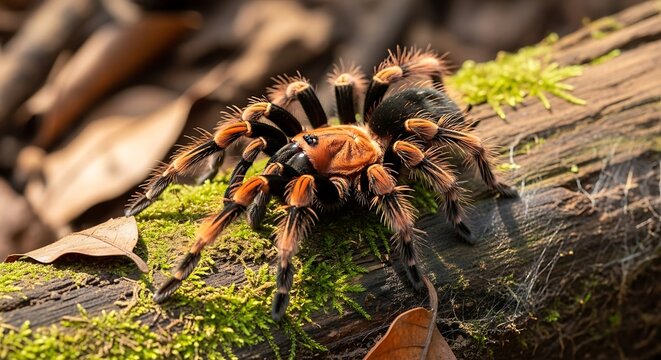 A large orange and black tarantula on a mossy log