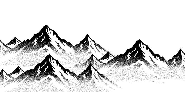 Grayscale vector halftone dots background with a fading dot effect, resembling a abstract mountain landscape. Black noise dots, a sand grain effect, and grunge banner.
