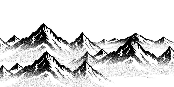Grayscale vector halftone dots background with a fading dot effect, resembling a abstract mountain landscape. Black noise dots, a sand grain effect, and grunge banner.