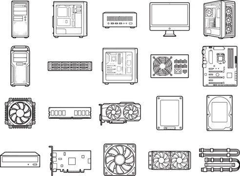 A collection of line art illustrations depicting various computer hardware components, including computer cases, monitors, graphics cards, cooling fans, and power supply units.