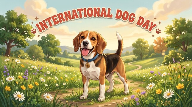 Happy beagle dog standing in a bright green meadow celebrating international dog day