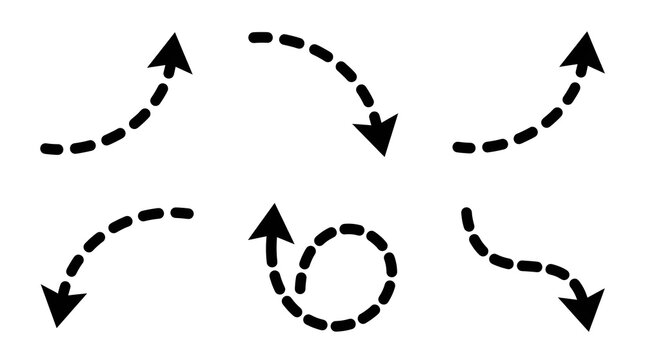 Set of black dotted arrow shapes on a white background for direction and movement