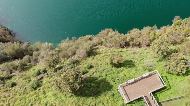 Aerial view Mount Gambier Blue Lake in spring season, Australia. Slow motion