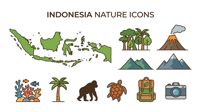 Indonesia nature icons illustrate diverse tropical landscape elements
