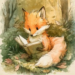 Fototapeta premium Cozy woodland fox reading a book in soft ink and watercolor tones