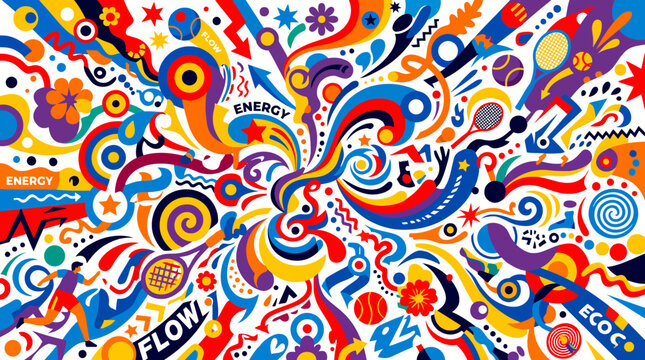 Vibrant colorful abstract art with swirling patterns and words