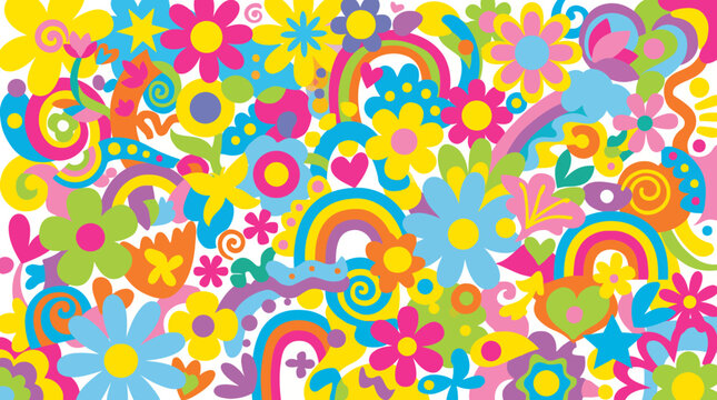 Colorful floral pattern with rainbows and hearts