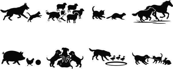 Naklejka premium Animal interactions and pet behavior silhouette vector set featuring dogs cats farm animals and domestic wildlifeAnimal interactions and pet behavior 