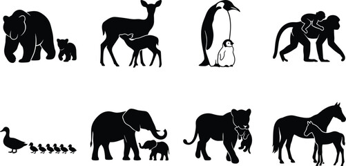 Animal mothers and babies silhouette vector set showcasing parental care family bonding and wildlife i © Designer Arif