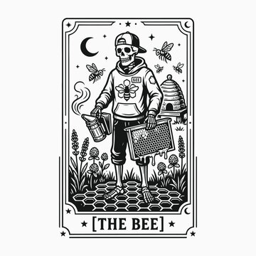 Halloween tarot card skeletal beekeeper illustration with honeycomb bees and crescent moon design