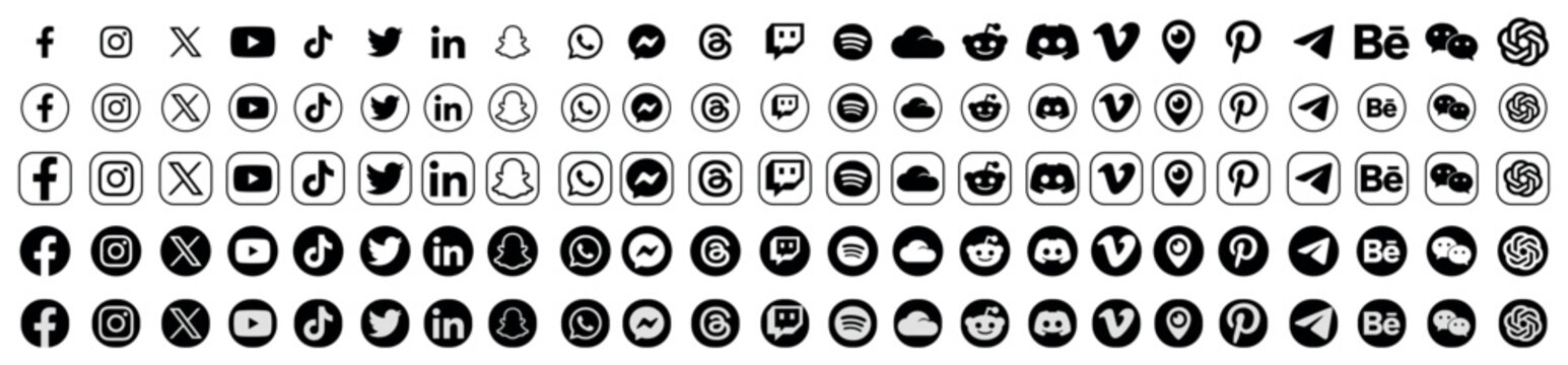 Social Media Logos Collection with facebook, instagram, youtube, linkedin, whatsapp, twitter, pinterest, snapchat Icons in Black Circular Style Isolated on transparent Background