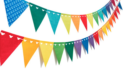 Colorful festive hanging party bunting garland rainbow flags isolated on transparent background © kalash-png