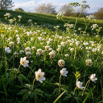 A serene field of white wildflowers sways gently in the breeze on a sunny day