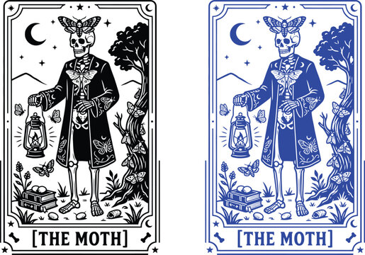 Halloween tarot card 'the moth' skeleton illustration with lunar botanical gothic design