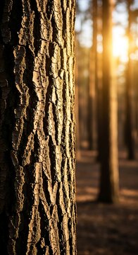 A serene forest scene with a tree trunk in sharp focus on the left and a blurred background of trees and sunset