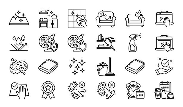 Thin line clean surface icon set with easy care sanitation cleaning equipment and sparkling finish vector illustration