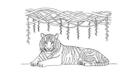 Line Art Tiger Resting Under Jungle Vines © illustration