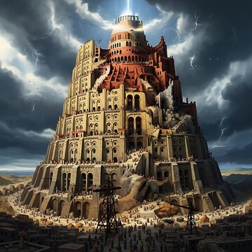 A surreal, ancient ziggurat under construction with ominous clouds