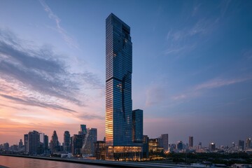 Obraz premium Evening cityscape of Bangkok featuring a prominent glass high-rise in Silom