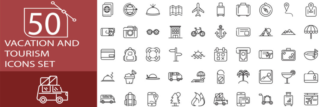 50 Vacation and Tourism Icons Set &ndash; Travel Destinations, Holiday Planning, Air Travel, Hotels, Beach Vacations, Adventure Tours, Luggage, Maps, Sightseeing, Transportation, and Leisure Activities.
