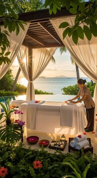 A serene outdoor massage setting with a therapist working on a client under a gazebo by the ocean