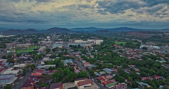 David Panama Aerial v2 panoramic view drone flyover doleguita neighborhood capturing quiet morning townscape with mountain landscape along the skyline - Shot with Mavic 3 Cine - April 2022