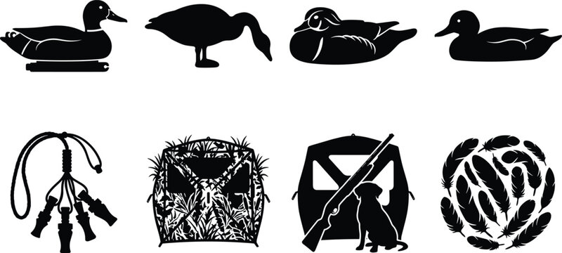 Duck hunting silhouette vector set featuring decoys waterfowl calls camouflage blind and hunter dog iconsDuck hunting silhouette vector set featuring decoys waterfowl calls camouflage blind 
