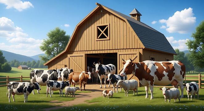 A serene rural scene with cows and calves near a wooden barn