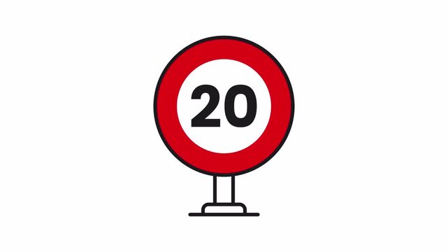20 kmh speed limit traffic sign icon animation with transparent background, alpha channel, 4k video.