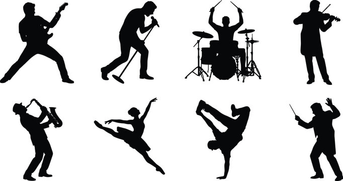 Musicians Dancers and Conductor Black Silhouettes Set Isolated on White Background for Performing Arts DesignMusicians Dancers and Conductor Black 