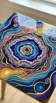 A vibrant, abstract design on a tabletop with swirling patterns and colors