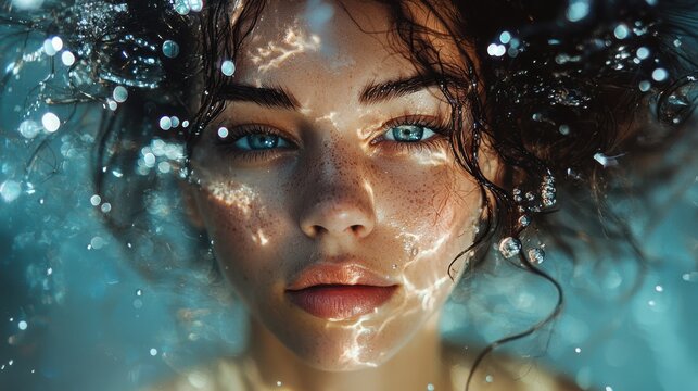 Captivating portrait of a young woman underwater with enchanting eyes and radiant freckles, surrounded by shimmering bubbles