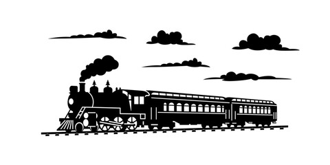 Vintage Steam Train Silhouette Vector Illustration Black And White © Rabiul