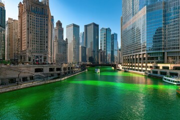 Obraz premium City river dyed emerald green beneath a modern and historic skyline