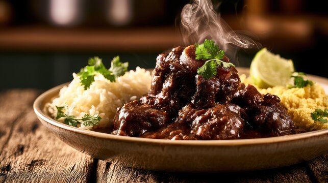 Steaming oxtail stew served with rice and farofa in a homey setting