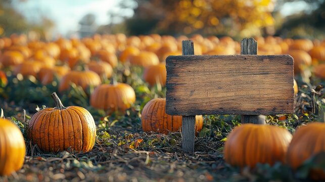 Rustic wooden sign standing amidst a vibrant pumpkin patch under the autumn sun