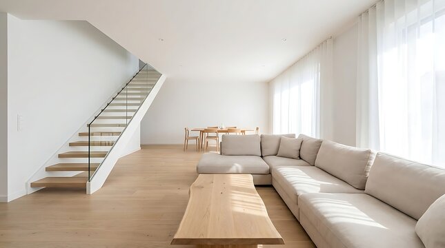 Modern living room interior with staircase and sofa