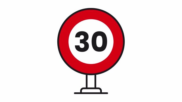 30 kmh speed limit traffic sign icon animation with transparent background, alpha channel, 4k video.