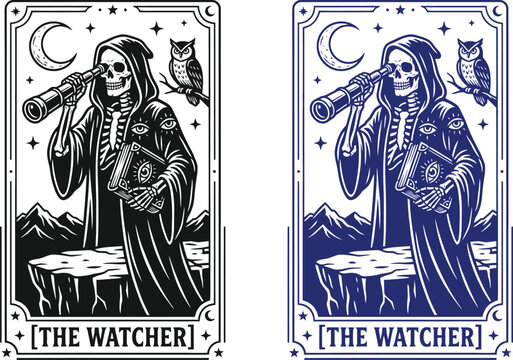 Halloween tarot card the watcher grim reaper illustration with telescope and owl vintage occult design