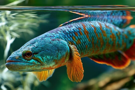 Peacock snakehead fish in a clear freshwater aquarium, macro close-up of iridescent scales