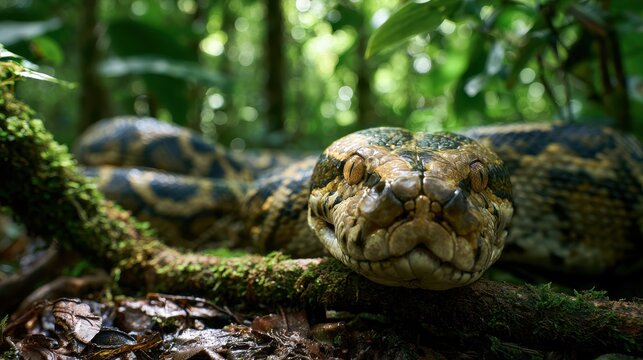 Burmese python in tropical rainforest: close-up of patterned scales and amber eyes