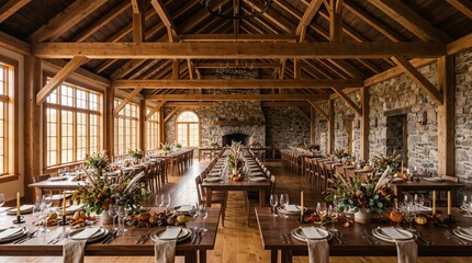 Fototapeta premium Restored Countryside Dining Hall with Timber Beams and Rustic Thanksgiving Decor