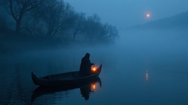 Mysterious ferryman on a foggy night river, solitary hooded figure guiding a small wooden boat