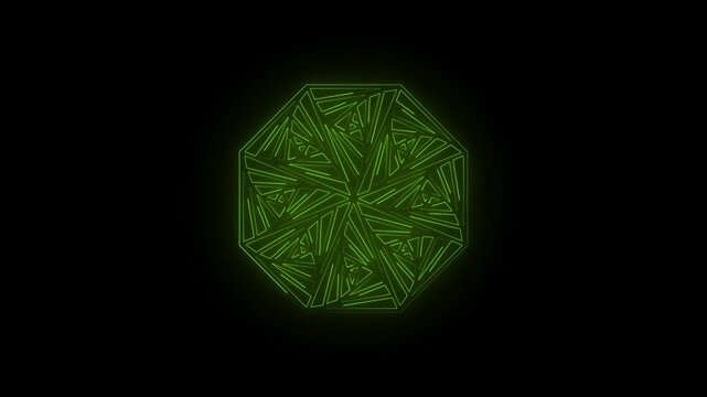 Glowing lime green neon matrix hexagon abstract line art animation on transparent background. 4k