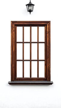 A wooden window frame with multiple panes and a lantern above
