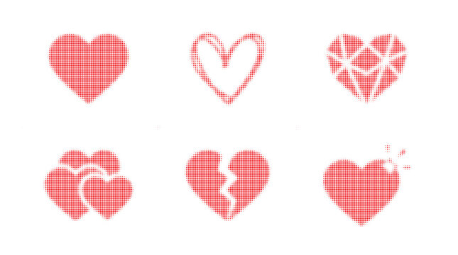Selection of pixelated red heart icons displaying unique artistic styles and broken heart elements.