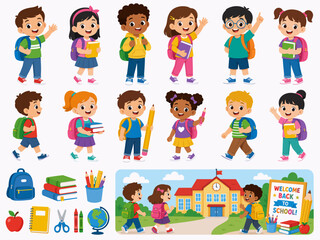 Set of cute diverse school children characters with school supplies and school building background.