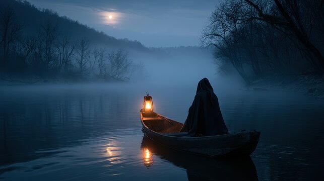 Mysterious ferryman on a foggy night river, solitary hooded figure guiding a small wooden boat