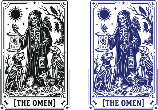 Halloween tarot card the omen grim reaper illustration with skeletal remains and mystical symbols
